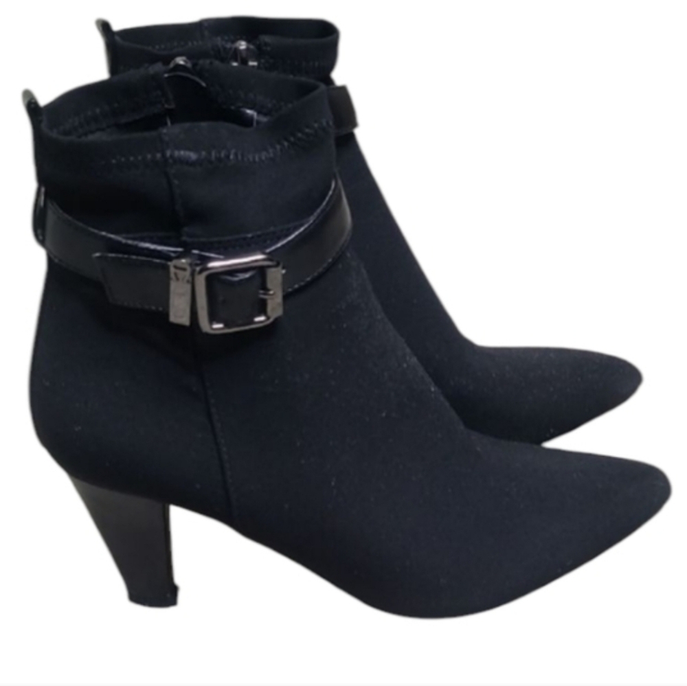 Etienne Aigner Black Microfiber Buckle Accent Ankle Boots